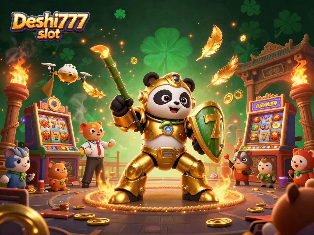 Experience the excitement of Deshi777 slot machines in this vibrant 3D illustration featuring a golden panda.
