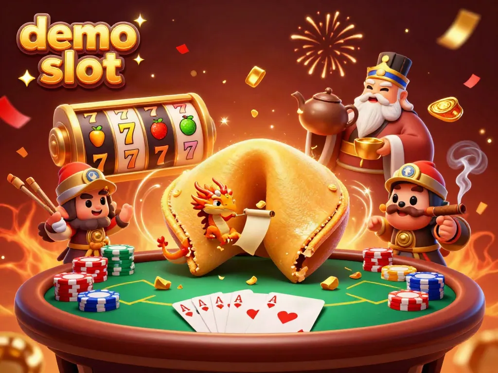 Engage in the excitement of a demo slot, featuring a golden fortune cookie and a wise dragon in a vibrant casino scene.