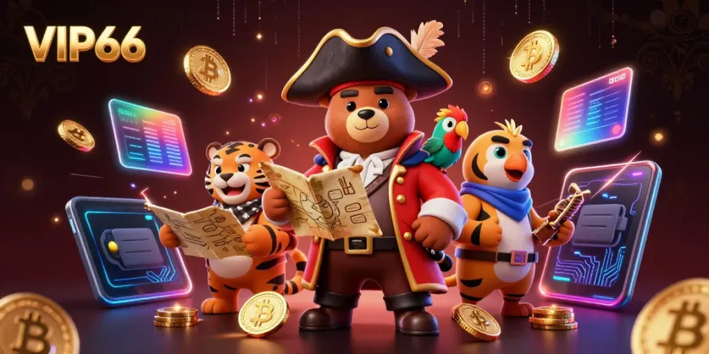Engage with VIP66's exciting universe featuring a pirate bear, tiger, and treasures in a rich casino atmosphere.