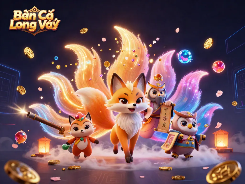 Bắn Cá Long Vương with a vibrant fox spirit and wise owl amidst floating gems and sea creatures in a 3D casino scene