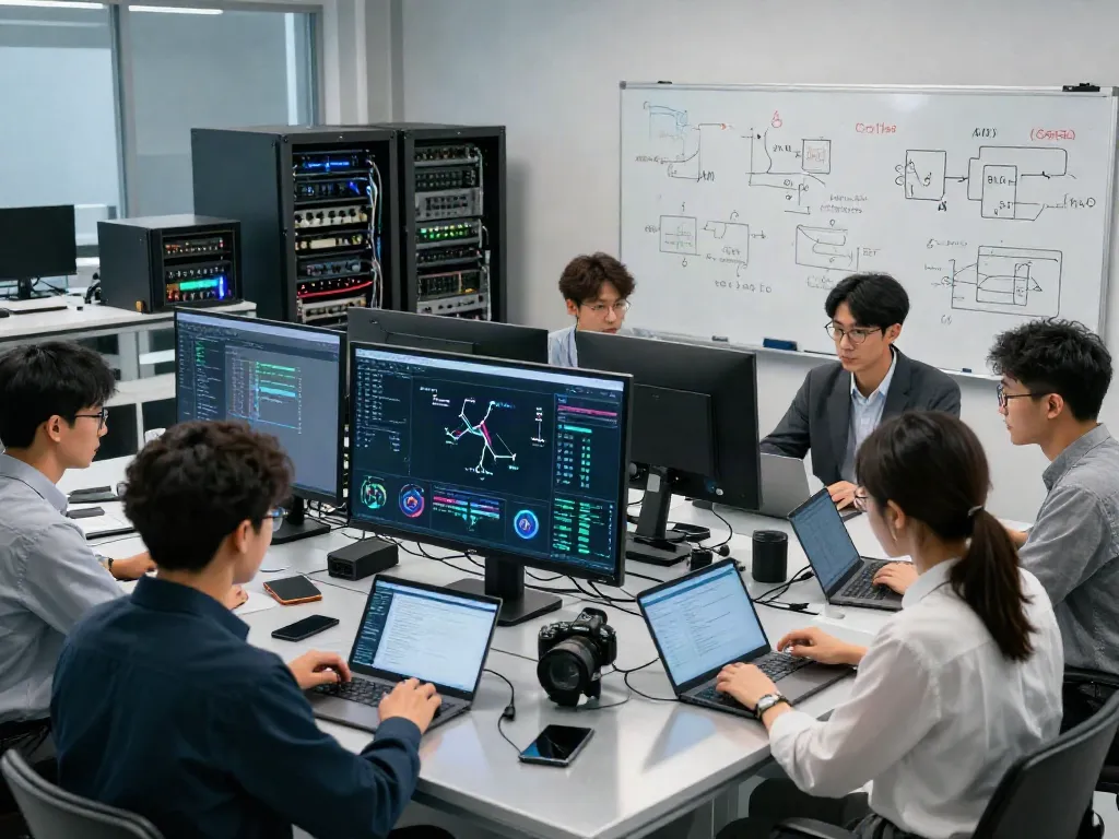 Collaboration in AI infrastructure lab with teams analyzing data and GPU units.