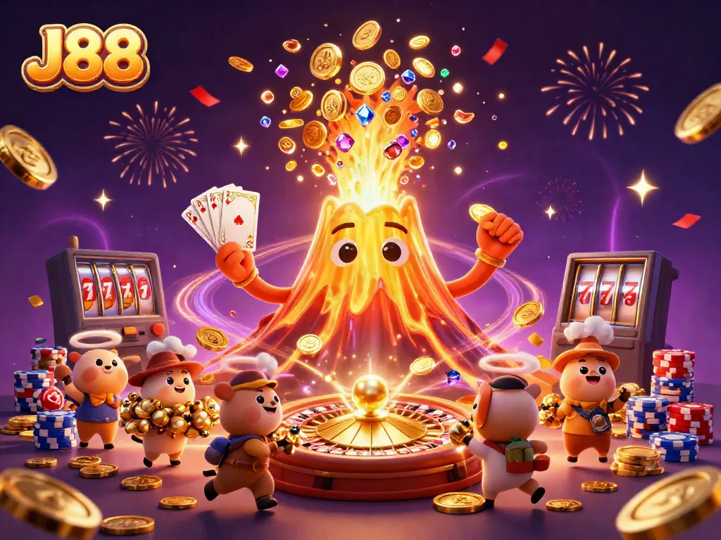 Experience the thrill of J88 with a lively casino scene featuring a golden volcano and treasures.