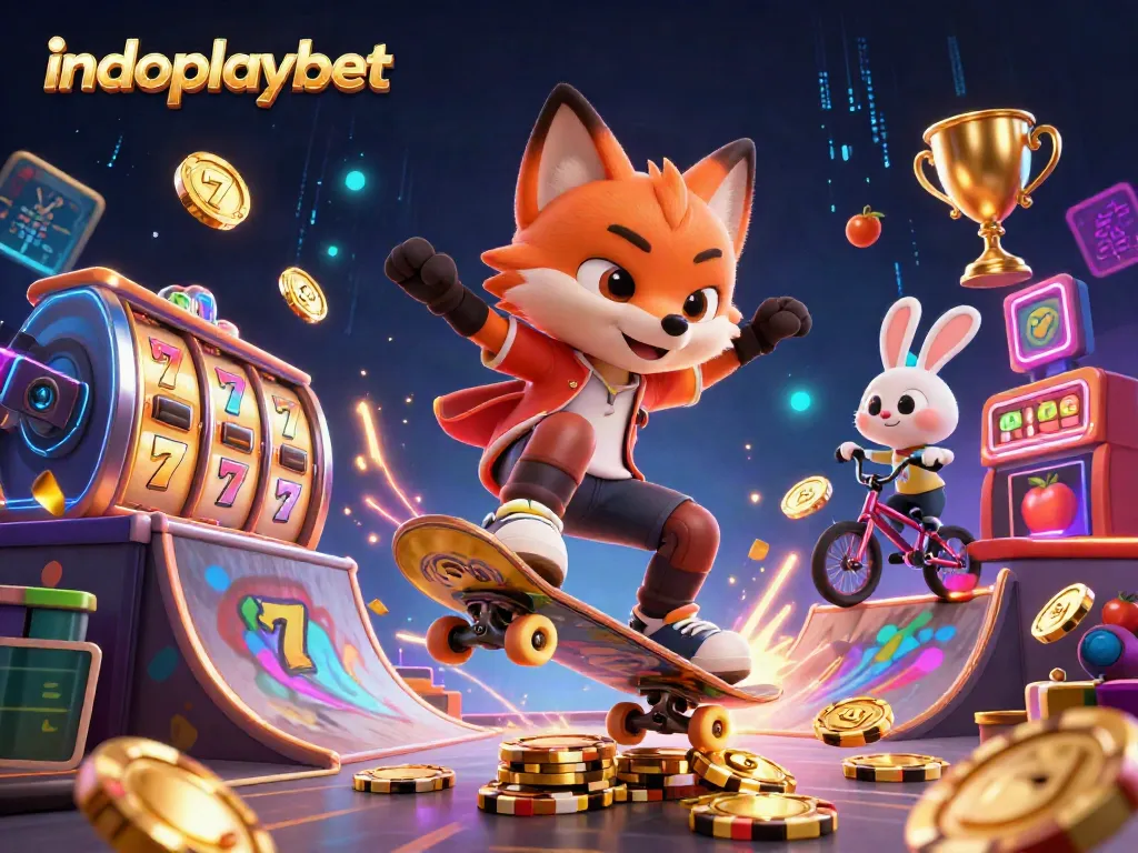 indoplaybet menampilkan ilustrasi 3D slot dengan karakter melakukan aksi di kasino yang penuh warna