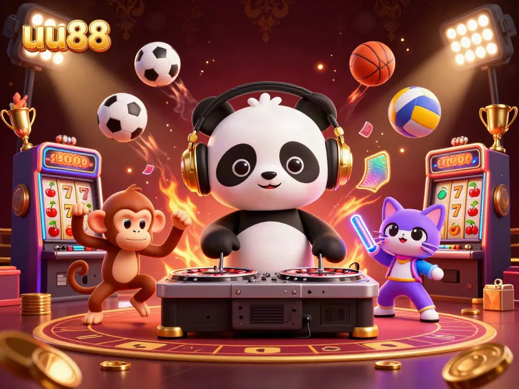 Experience excitement with uu88 as a panda DJ spins roulette wheels amid vibrant casino elements.