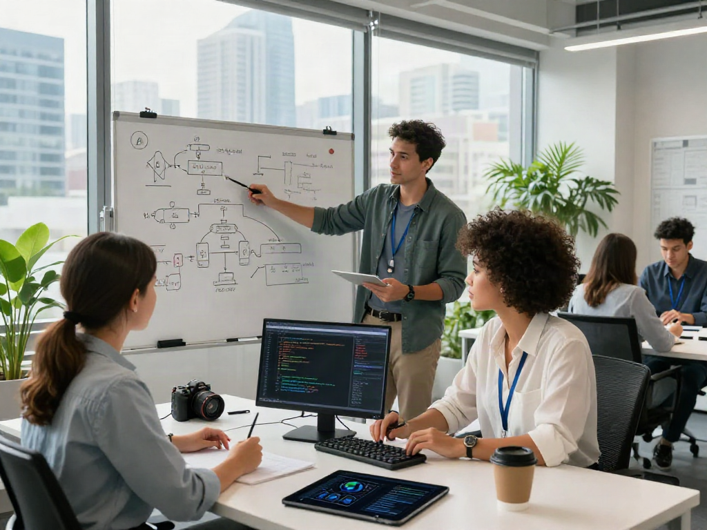 Diverse team collaborating on AI development, showcasing innovation and teamwork as they crush on tech advancements.