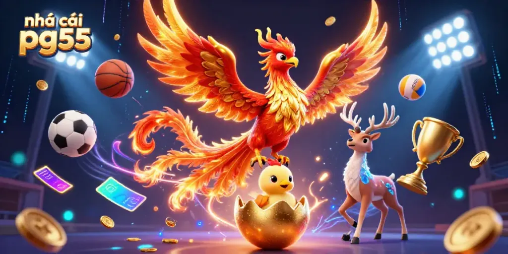 Engage with nhà cái pg55 featuring a dynamic scene of a phoenix and sports elements.