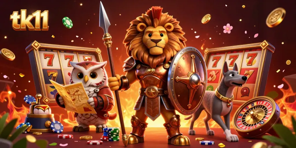 Engage in thrilling gameplay with tk11 featuring a heroic Spartan lion and tactical owl surrounded by vibrant casino elements.