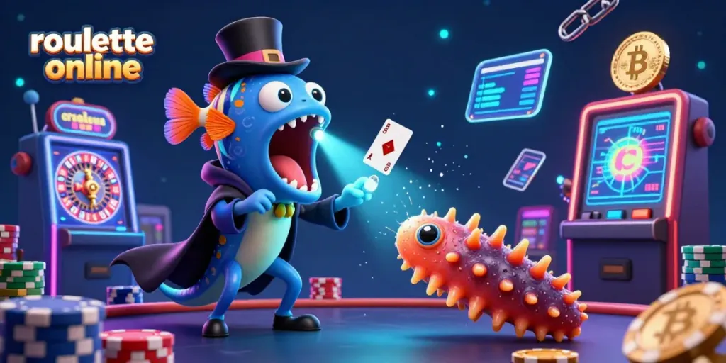 Engaging roulette online scene with a magician's eel and casino elements in vibrant 3D illustration.