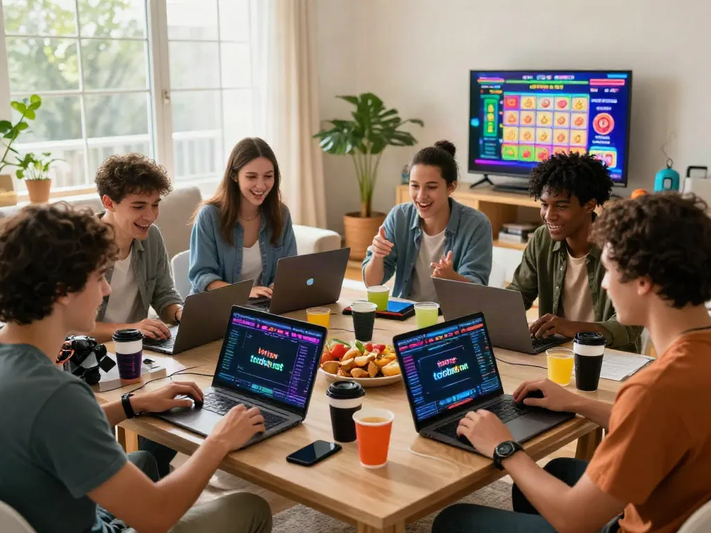 Friends enjoying online betting activities at https://totobet.net/ in a cozy living room.