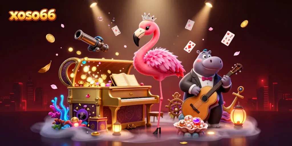 Experience excitement at xoso66 with a vibrant casino scene featuring unique characters and glowing treasures.