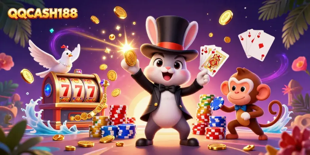 Experience the magic of QQCASH188 with a whimsical 3D scene featuring a magician rabbit, dove, and a monkey amidst casino treasures.