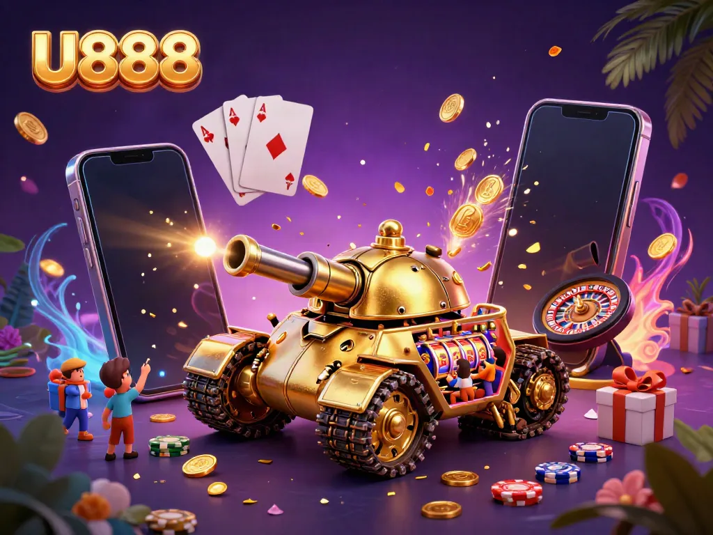 Experience U888 with a vibrant casino scene featuring a golden beetle tank and exciting game elements.