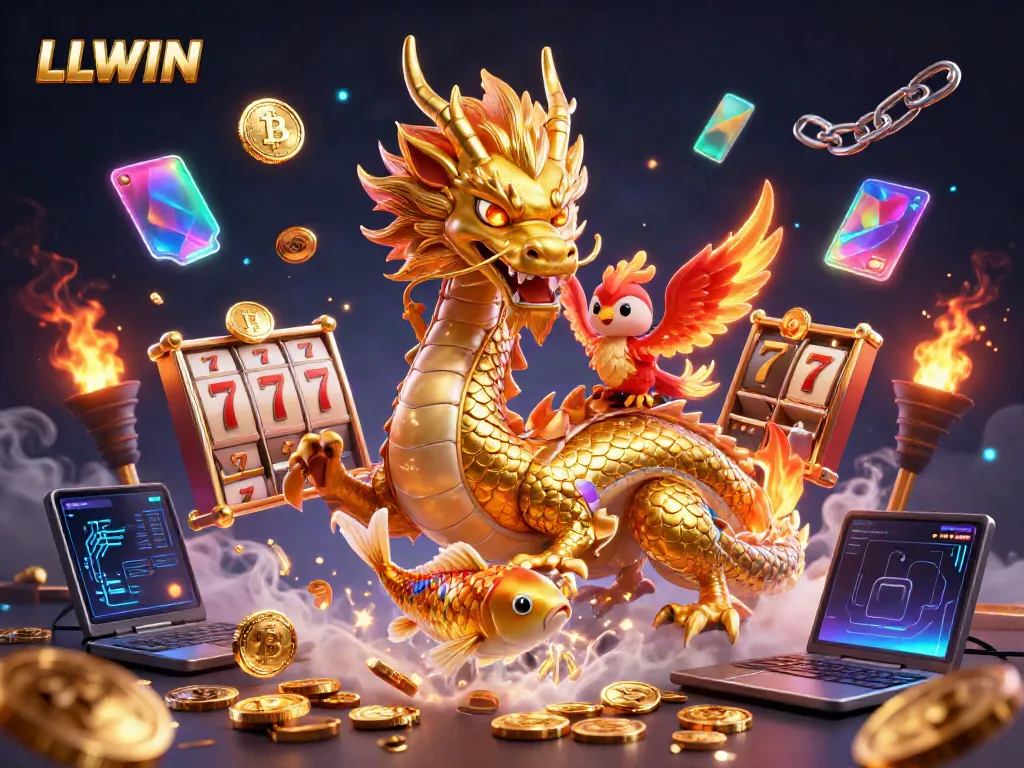 Experience the thrill of gaming with LLWIN's captivating casino illustration featuring a dragon, phoenix, and koi amidst a jackpot scene.