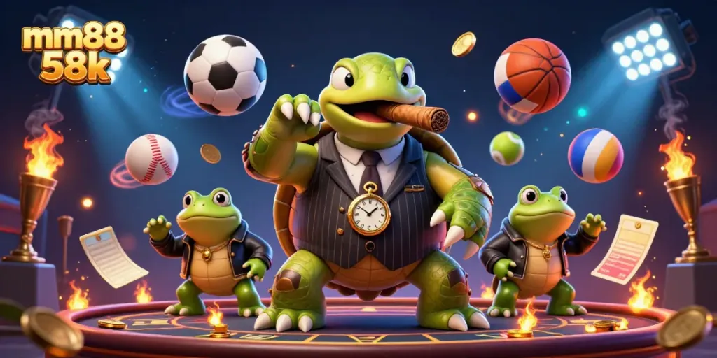 Experience exciting moments with mm88 58k, featuring a lively casino scene with vibrant characters and sports elements.