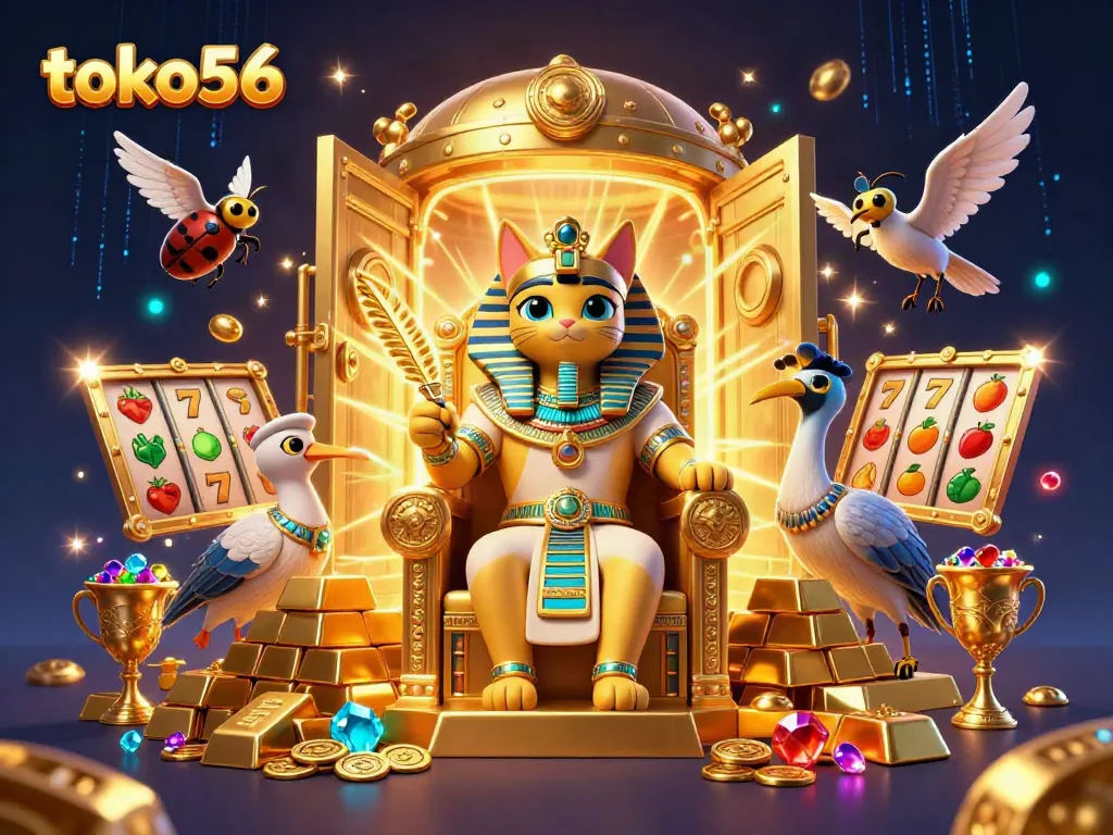 Slot online di toko56 dengan simbol bertuah dan karakter kucing firaun yang memukau.
