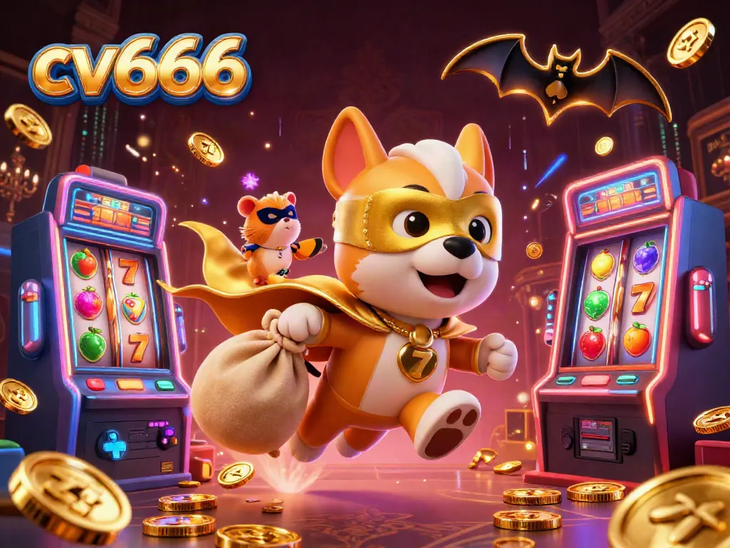 cv666 gaming scene with a superhero dog, coins, and colorful slot machines.