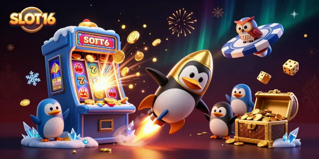 Catch a glimpse of SLOT16's thrilling online casino experience featuring a golden penguin and slot machine.