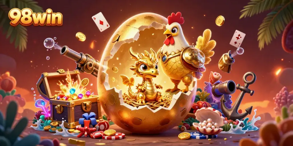 Bet on big wins as the golden baby dragon emerges from poker chips in a 98win-themed casino scene.