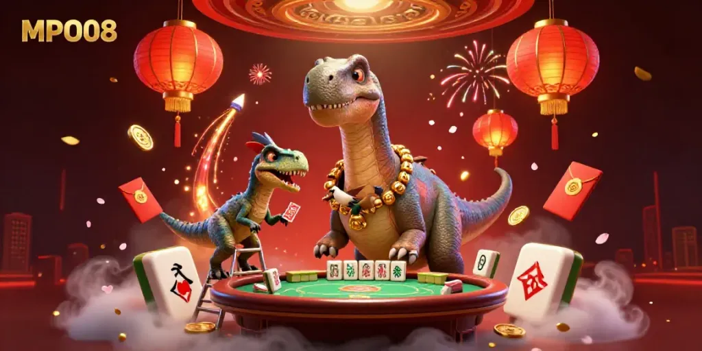 Engage with MPO08 in a vibrant casino scene featuring a giant brontosaurus amidst playful gambling elements.
