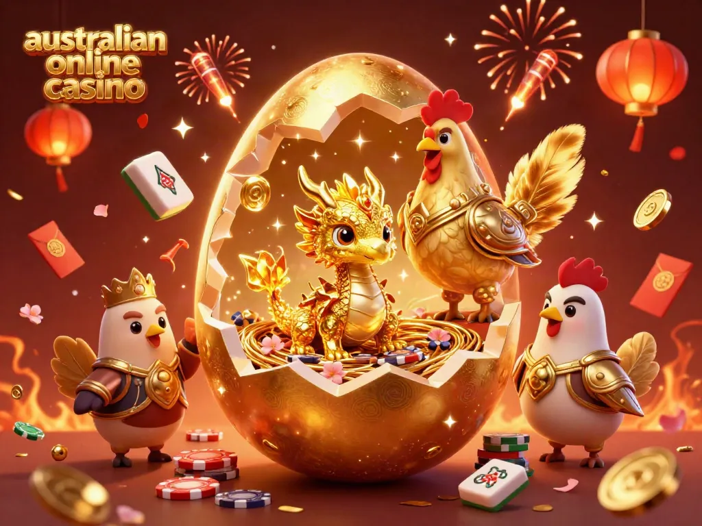 Experience the excitement of an australian online casino with a golden dragon, poker chips, and festive elements.