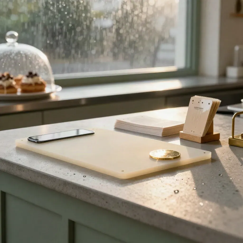 Bakery loyalty kit on a sage counter at sunrise, with acrylic slab, phone, brass token, and punch cards.