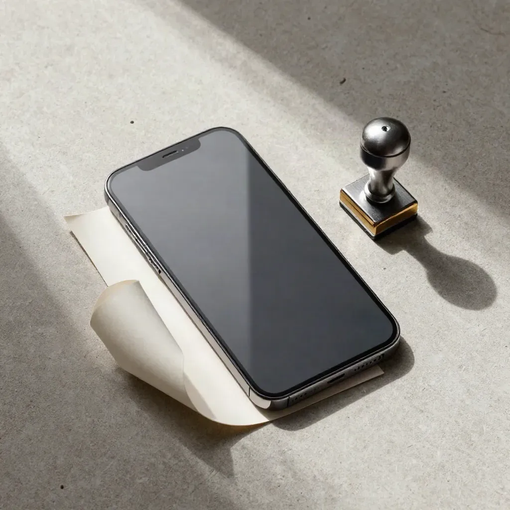 Overhead flatlay of a blank phone, paper band, and metal punch puck on concrete.
