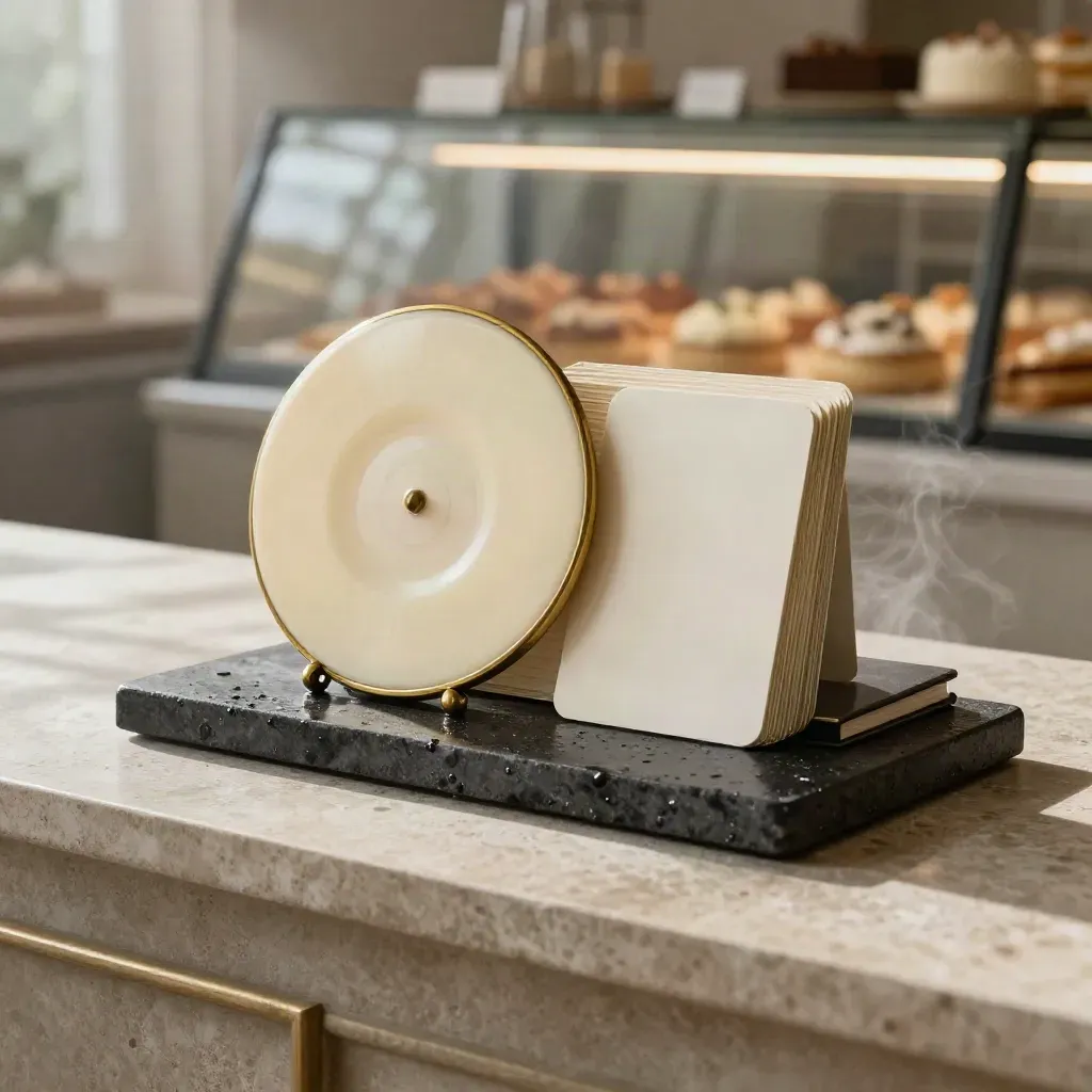 Cream loyalty kit with brass punch disc and blank cards on wet basalt in soft mist
