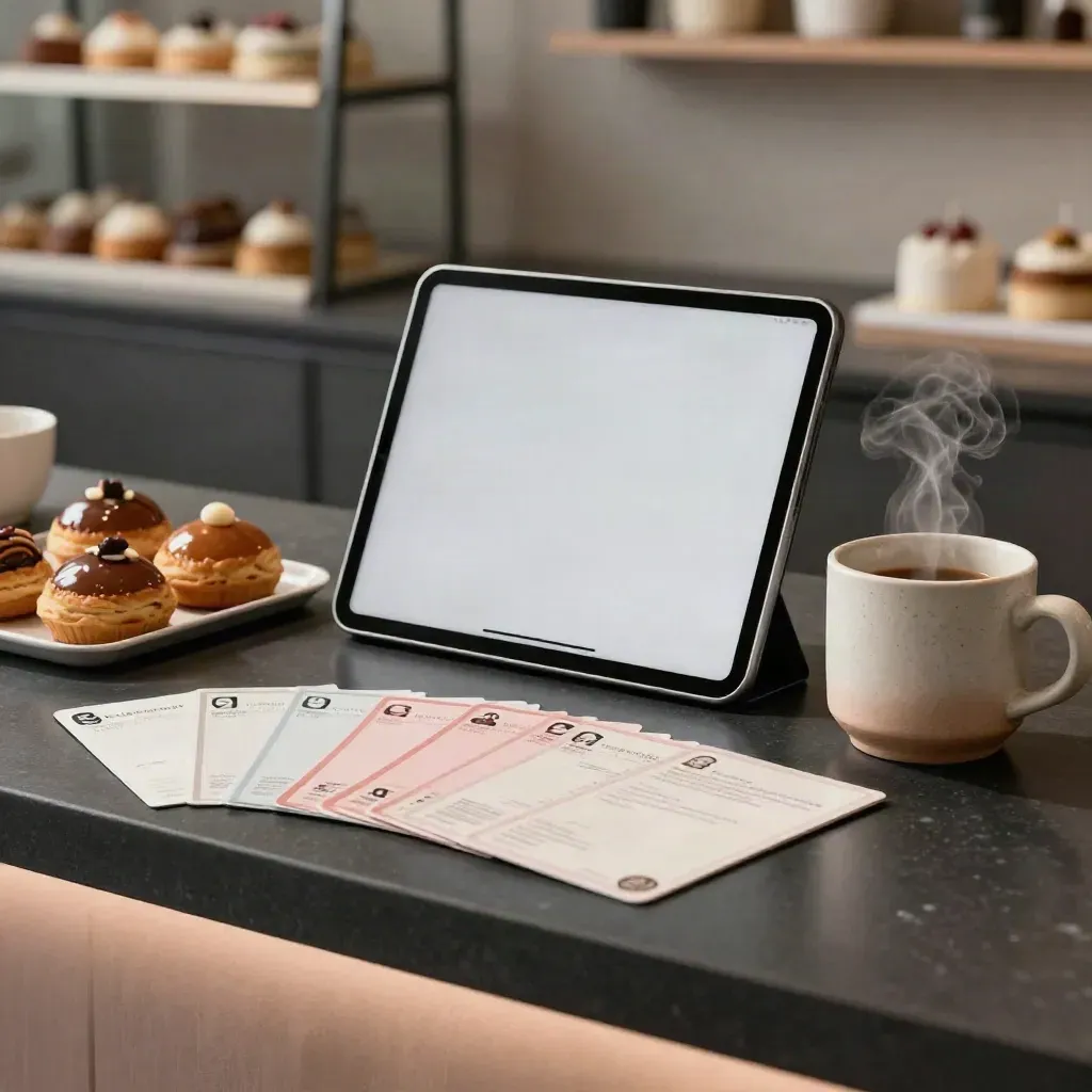 Tablet, reward cards, pastries, and steam on a bakery counter in dramatic studio light.