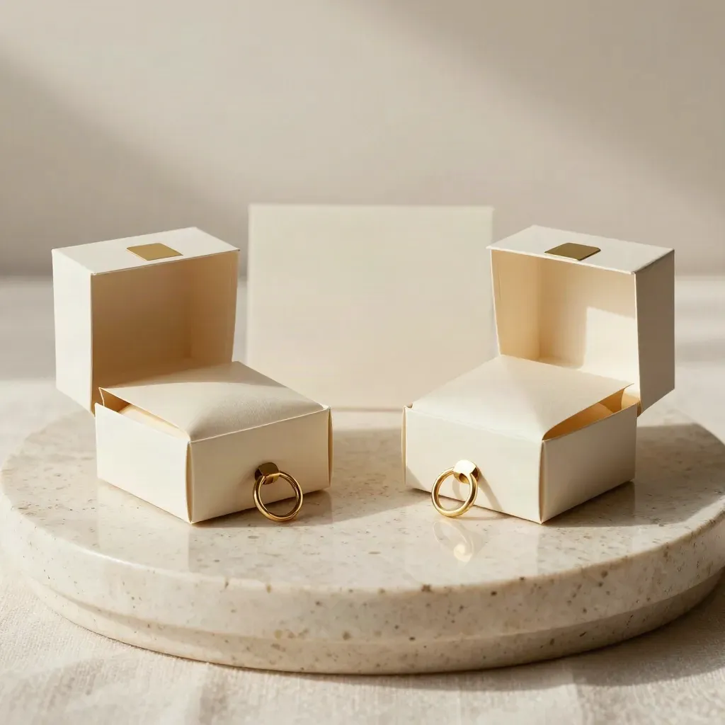 Cream referral reward packets linked by brass ring beside mini bakery boxes and a gold token.