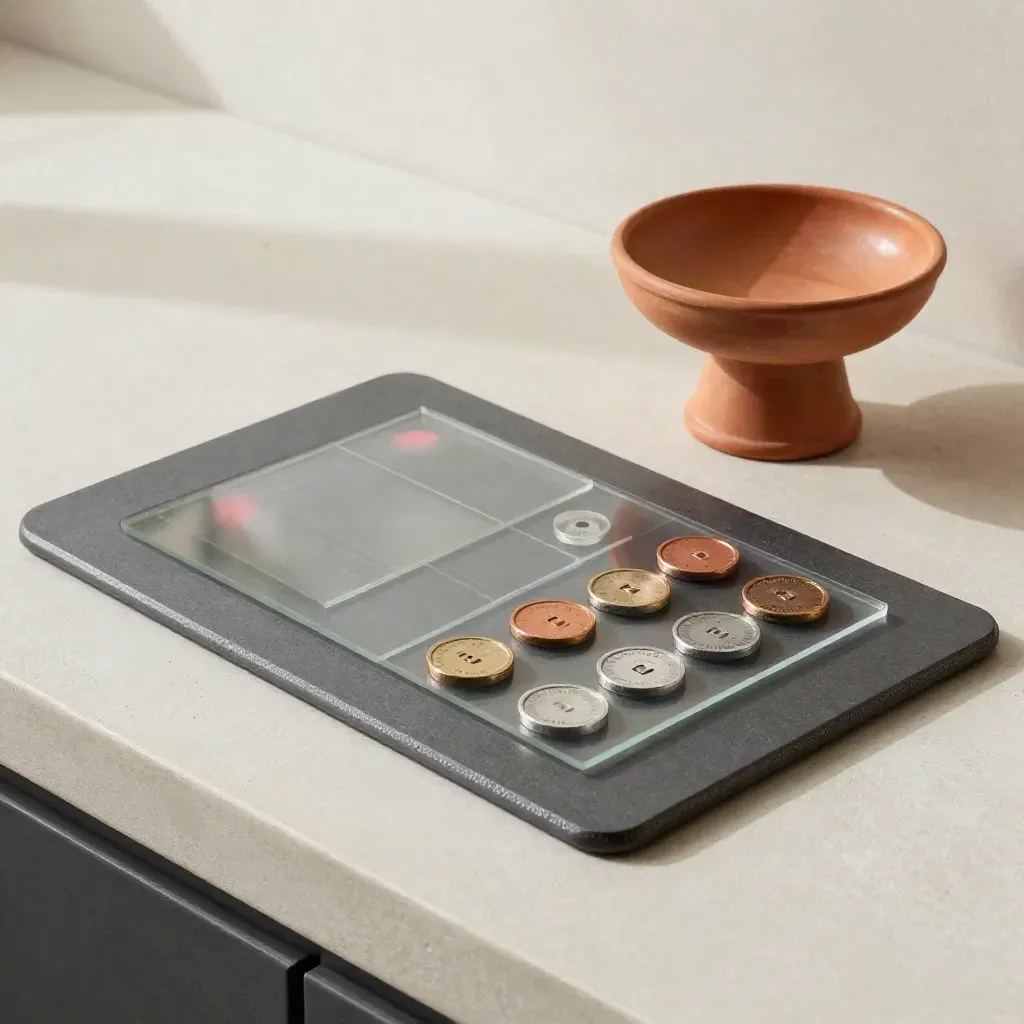 Graphite analytics tile with translucent charts and pewter tokens beside a pastry stand.