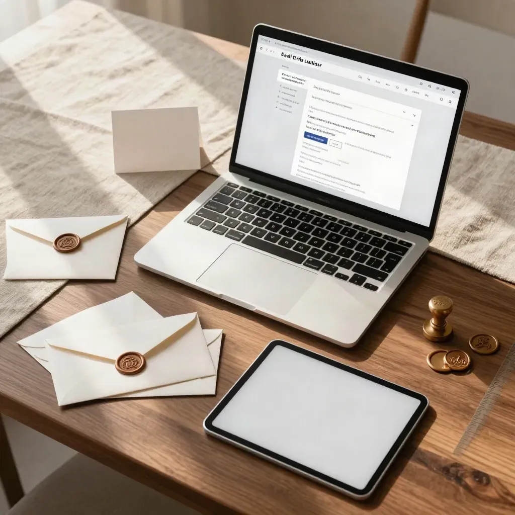 Overhead still life of a pale laptop, tablet, envelopes and wax seals on a warm walnut table.