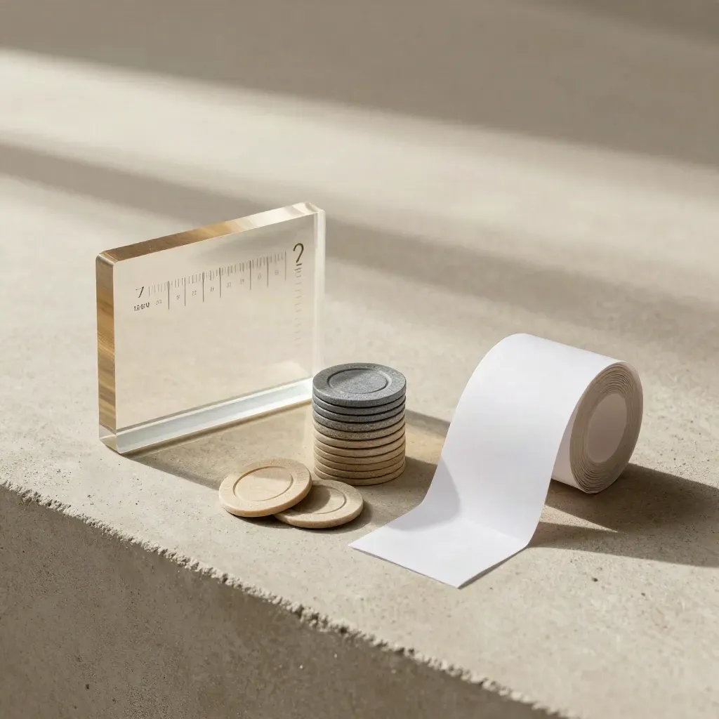 Visit tracking loyalty still life with acrylic tally, chips, and curled receipt roll on stone