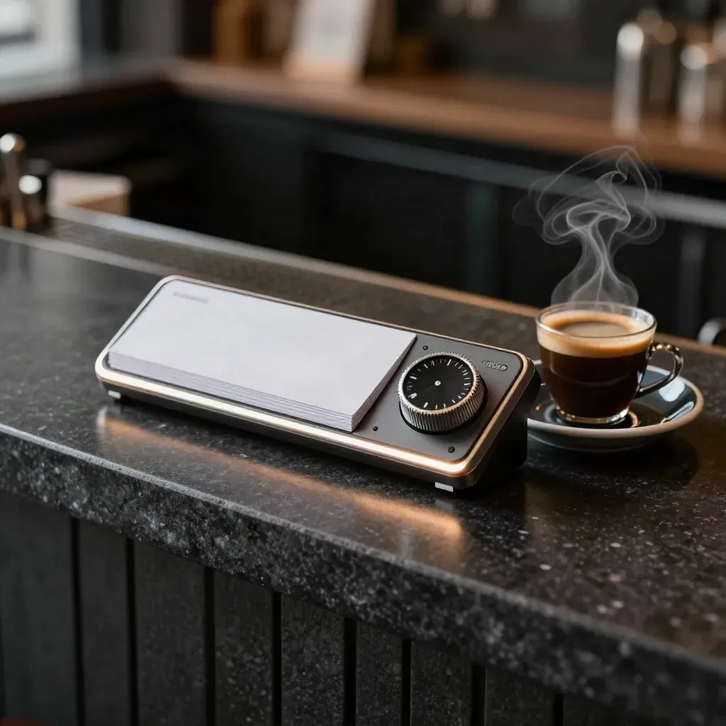 Compact SMS scheduler beside a steaming espresso saucer on a dark stone ledge