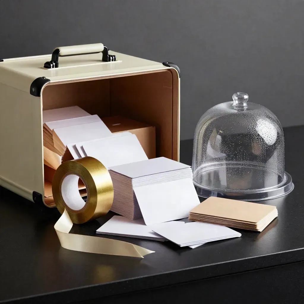 Open cream shipping case spilling loyalty cards, gold tape, ribbon and a cake dome on a black counter.