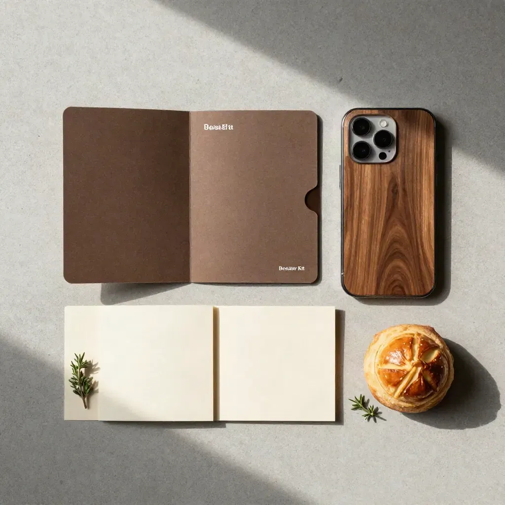Overhead flat lay of a Review Booster Kit with phone, graphite cards, sprig and pastry dome