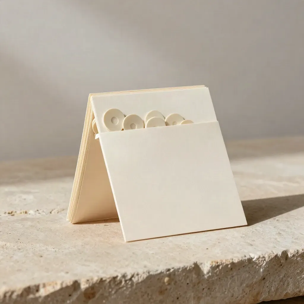 Half-open punch card pocket set on terracotta stone with soft bakery light