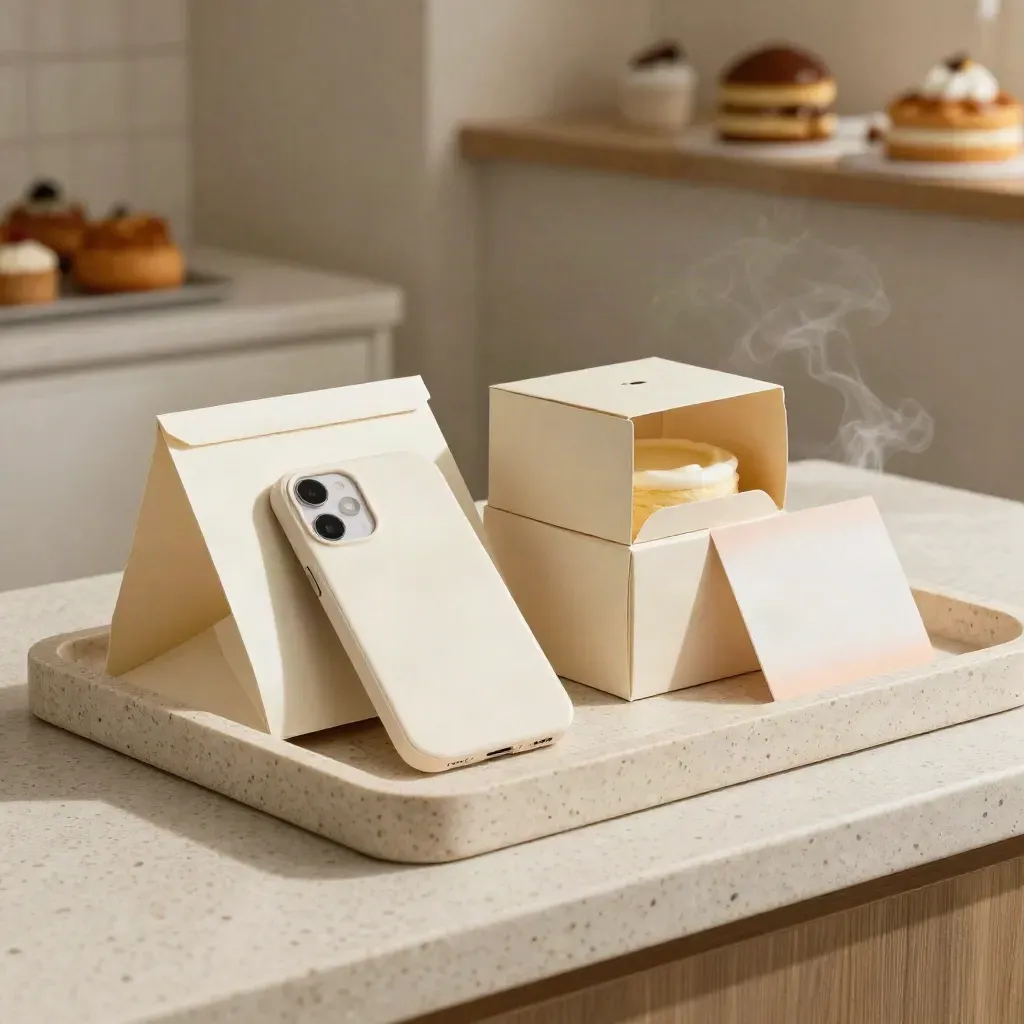 Cream loyalty pack with phone slab, cake box, and ribbon card on travertine, softly lit