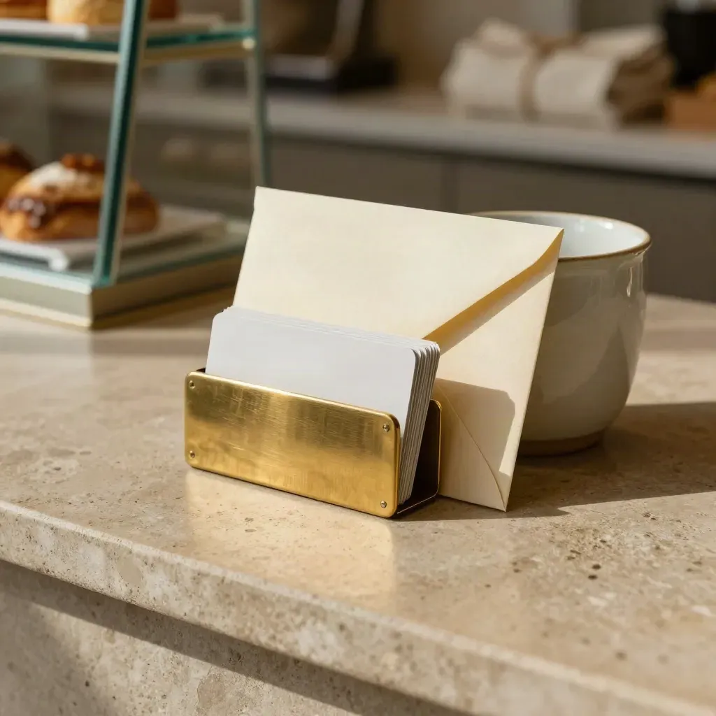 Brass card holder with blank gift cards and envelope leaning on a ceramic cup in a bakery.