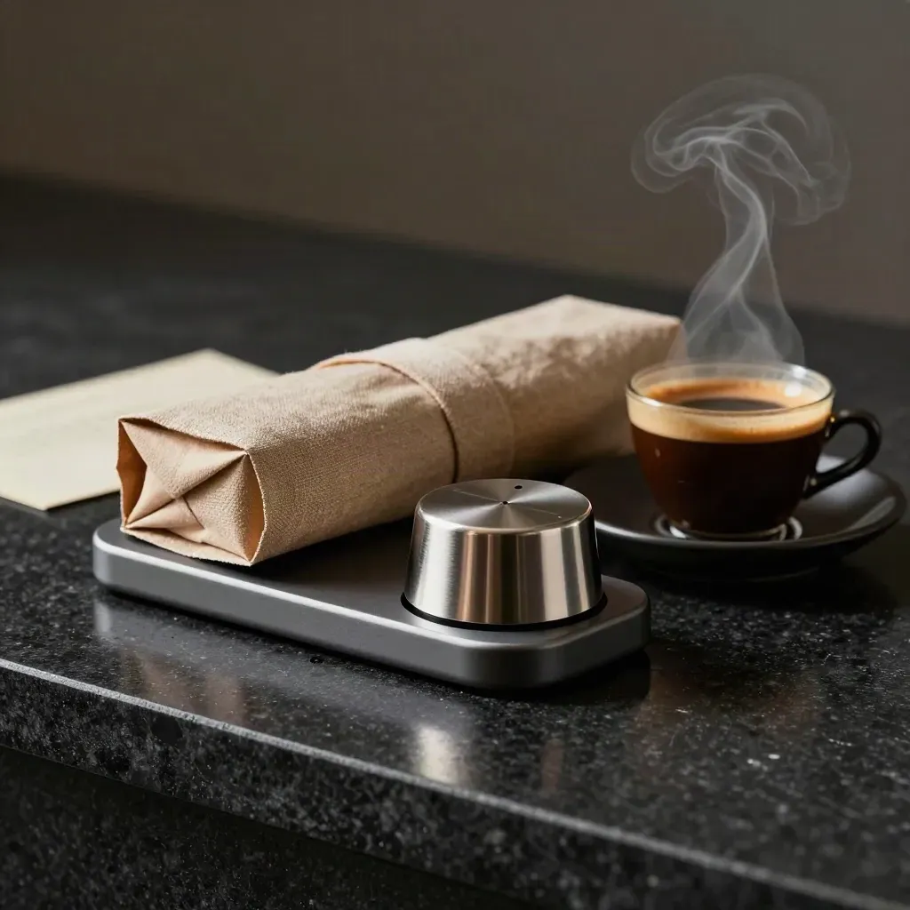 Dark bakery SMS pack with phone dock, ribboned bundle, timer capsule, and steaming espresso saucer.