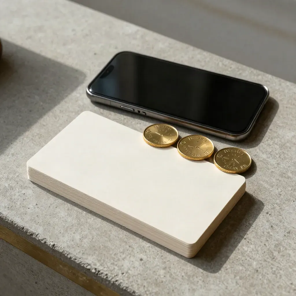 Overhead flatlay of loyalty cards, a phone and gold tokens on cool concrete
