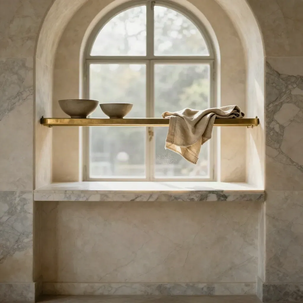 Marble pastry counter beneath an arched window with bowls, brass shelf, and calm copy space.