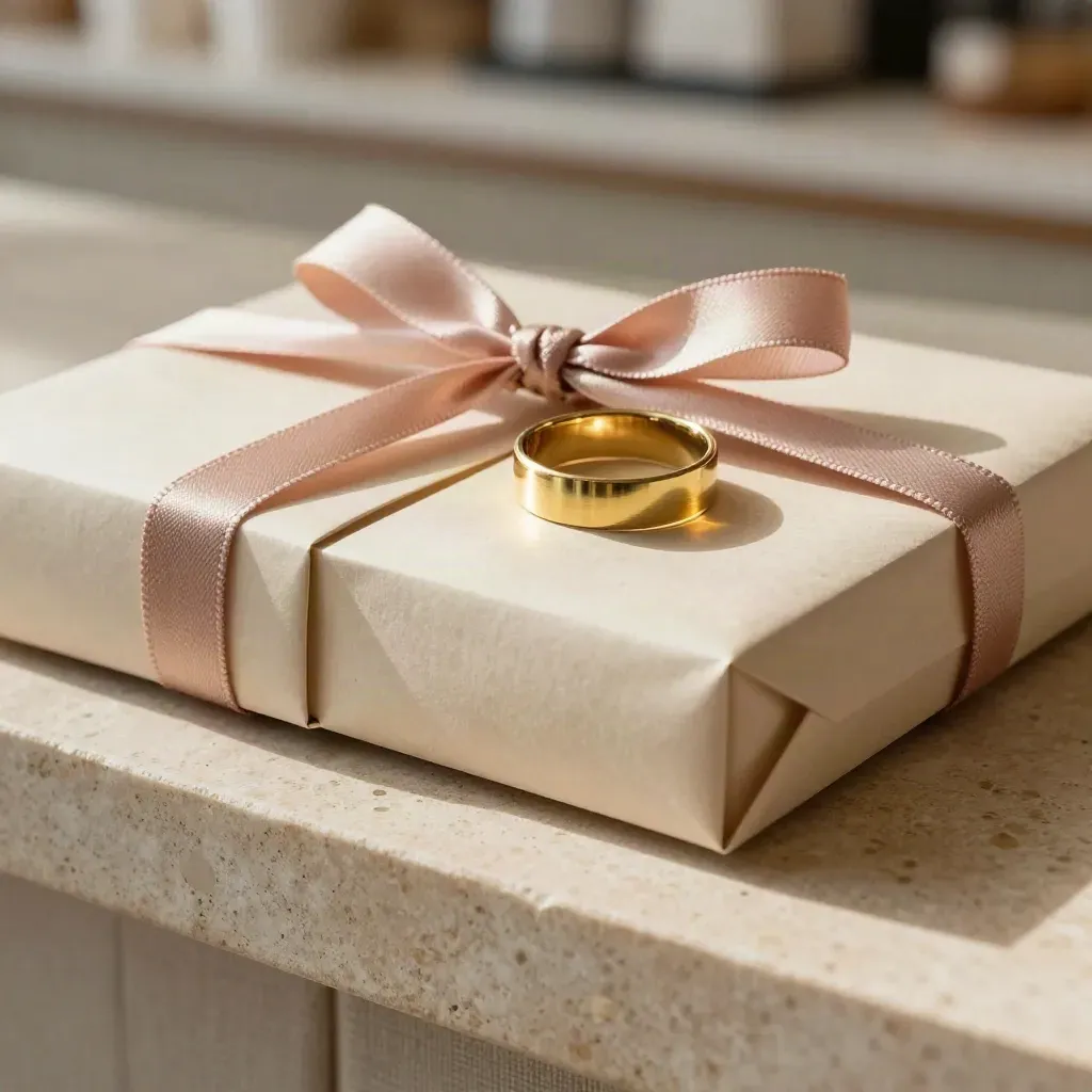 Extreme macro of referral kit packets, mini boxes and brass ring on warm limestone.
