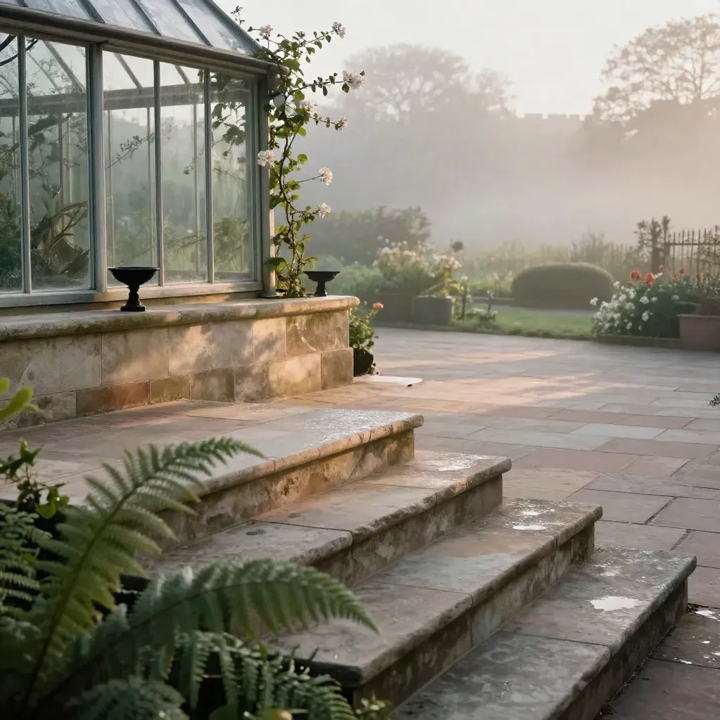 Greenhouse terrace at dawn with blossoms, stone steps, and misty garden haze
