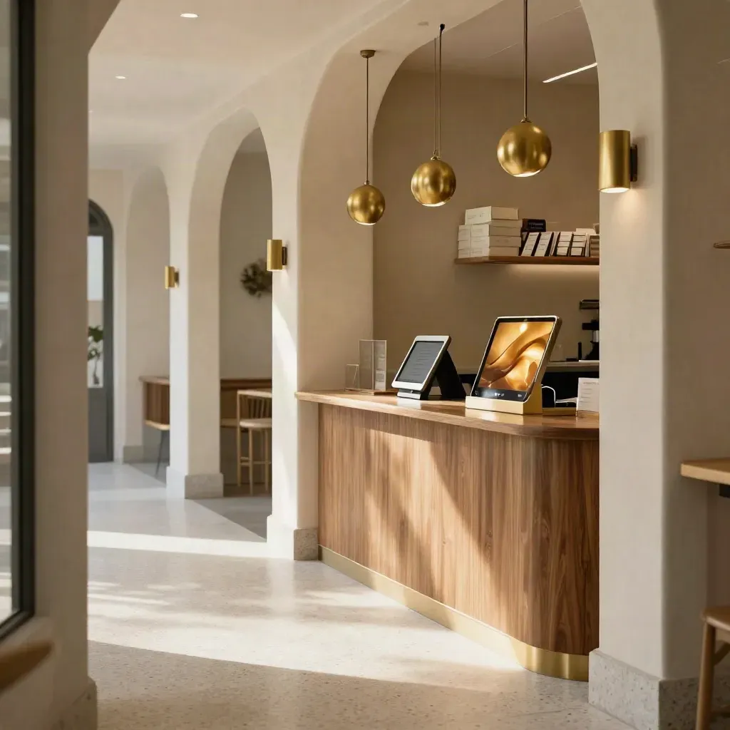 Sunlit café arcade with brass pendants, terrazzo floor, and a small loyalty kiosk.