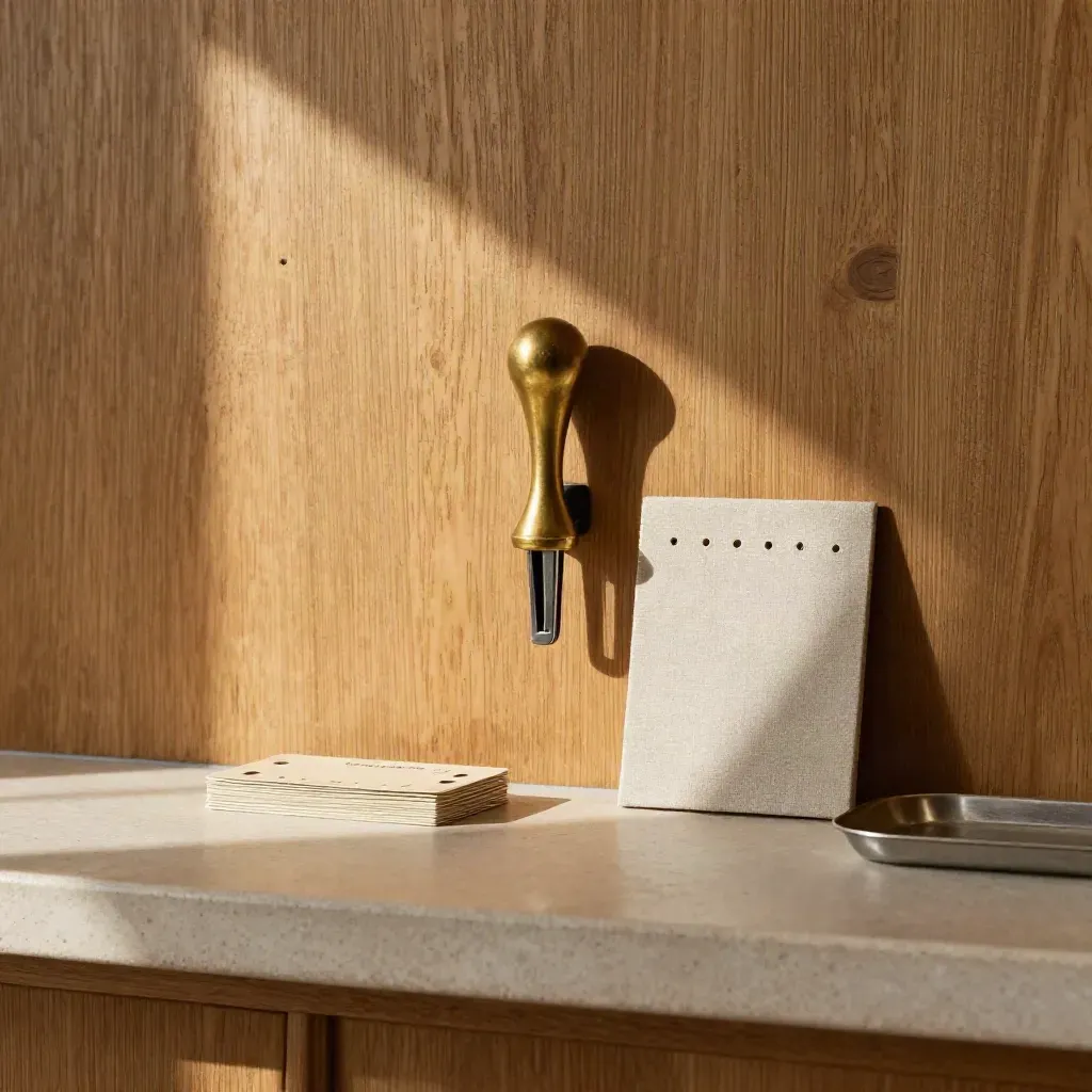 Brass punch tool above warm oak and pale stone, with quiet loyalty cards for a bakery counter.
