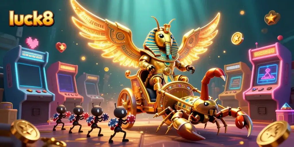 Experience vibrant gaming excitement with luck8's colorful characters amid casino-themed elements.