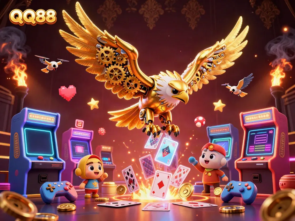 QQ88's captivating gaming scene showcasing a golden eagle amidst holographic cards.
