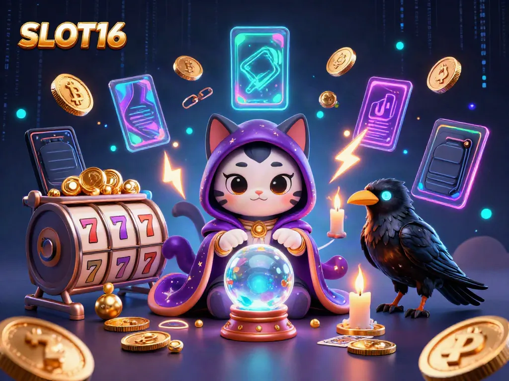 Engage with SLOT16's mystical gaming experience, featuring a fortune teller cat and fortune symbols.