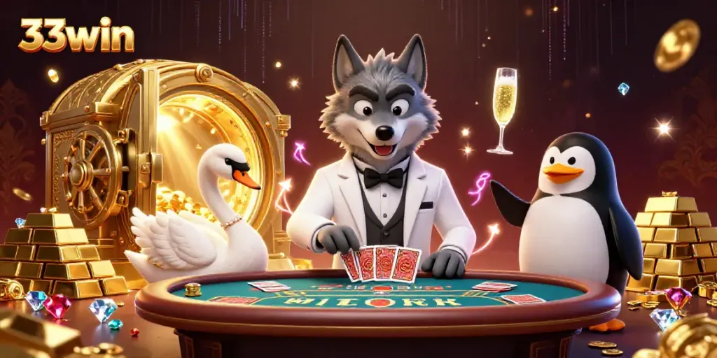 Exciting 33win casino scene with a debonair wolf, dealing cards, and wealthy treasures on display.