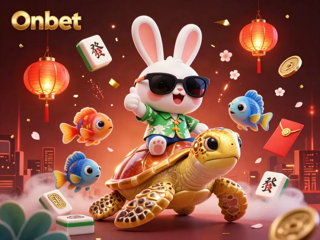 Join the fun at Onbet with the lucky rabbit and his golden turtle in a vibrant casino scene.